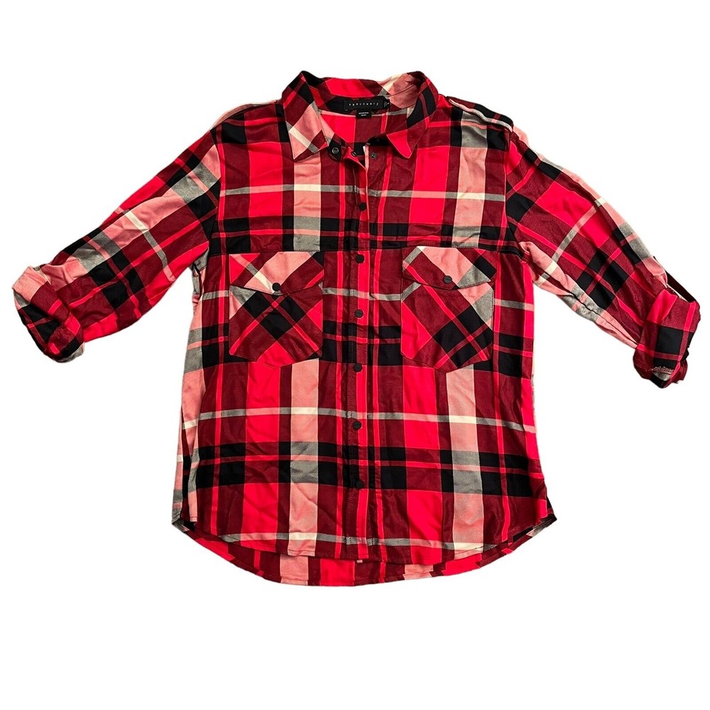 Sanctuary Red Plaid Boyfriend Shirt Snap Roll Tab Flap Pockets Size Large NWT